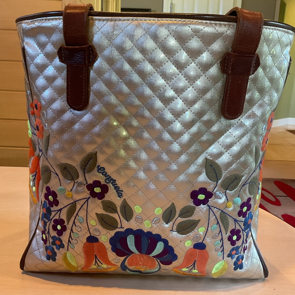 Consuela Silver and Brown Quilted Tote with Floral Embroidery